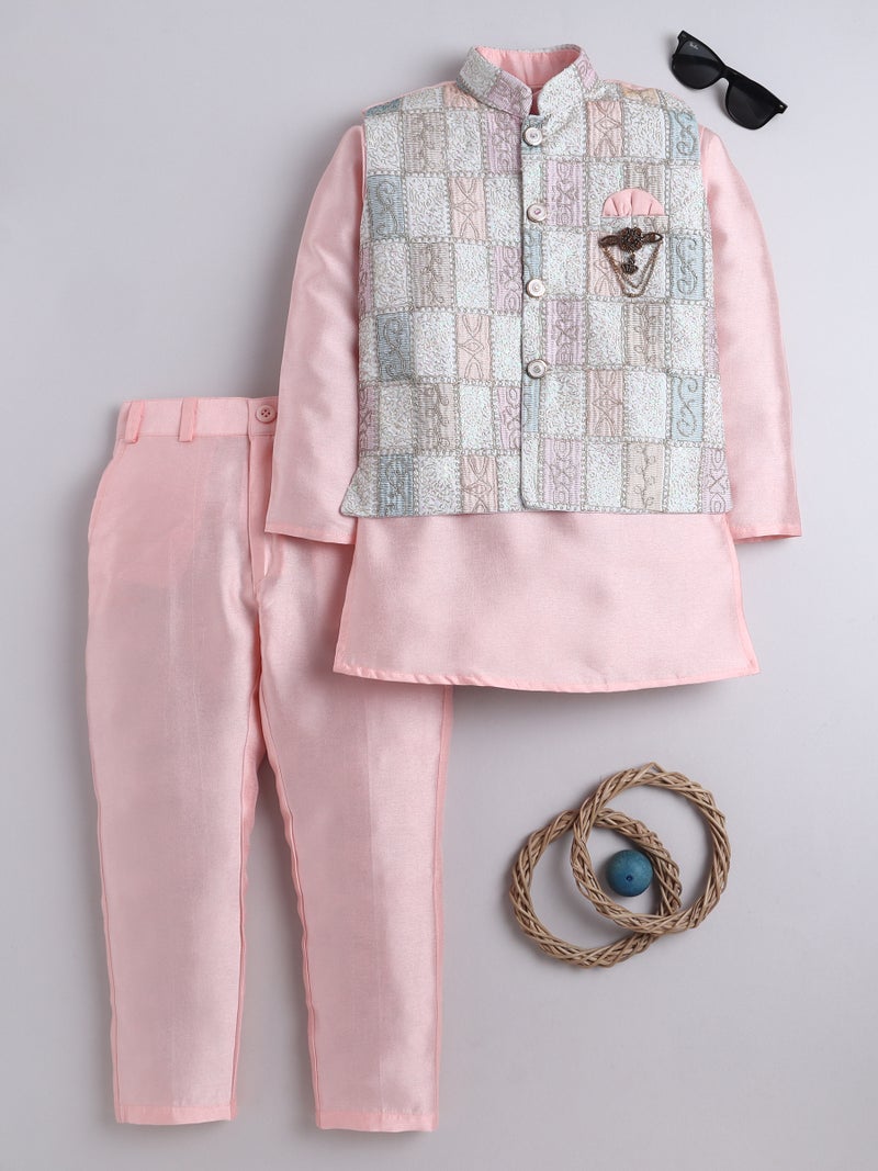 Boys Peach Cotton Silk Kurta Pyjama & Waistcoat Set